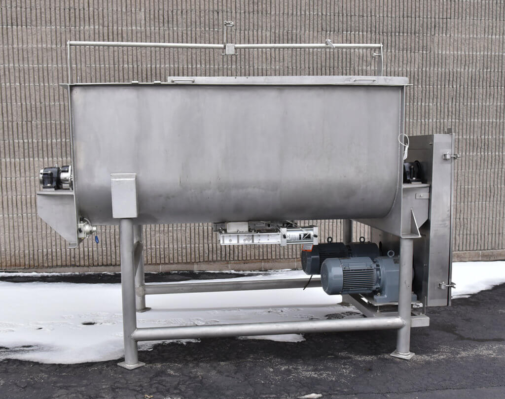 Used DOUBLE RIBBON BLENDER, 60 cubic foot, food grade, stainless steel, twin-shaft, with 6 inch slide-gate discharges for mixing granular, particulate food products, Alard item Y0850.