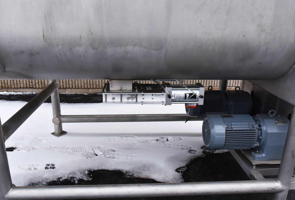 Used DOUBLE RIBBON BLENDER, 60 cubic foot, food grade, stainless steel, twin-shaft, with 6 inch slide-gate discharges for mixing granular, particulate food products, Alard item Y0850.