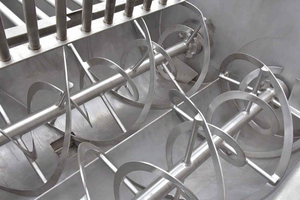 Used DOUBLE RIBBON BLENDER, 60 cubic foot, food grade, stainless steel, twin-shaft, with 6 inch slide-gate discharges for mixing granular, particulate food products, Alard item Y0850.