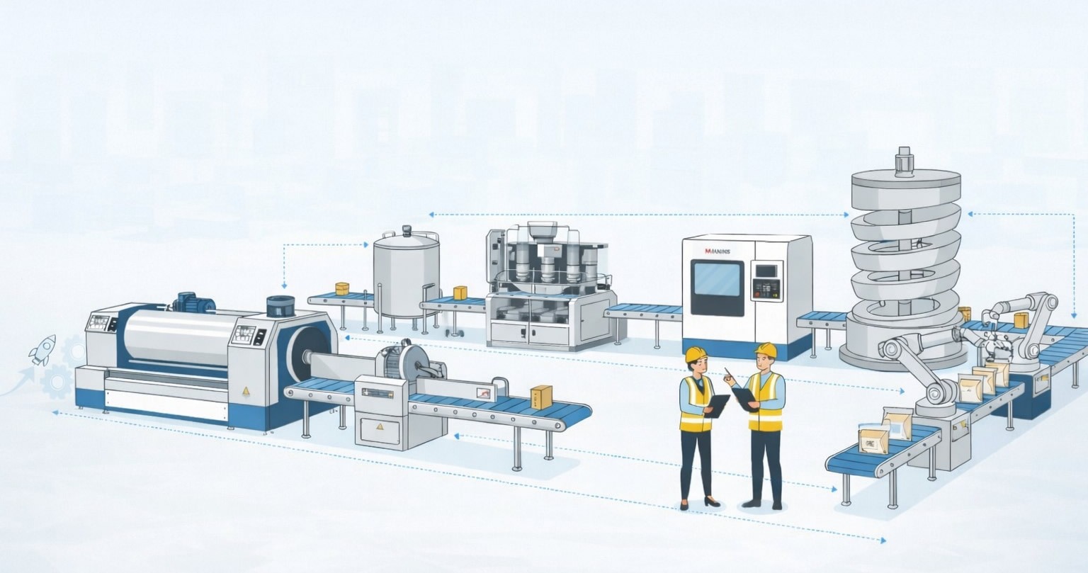 M&M Equipment factory production line illustration